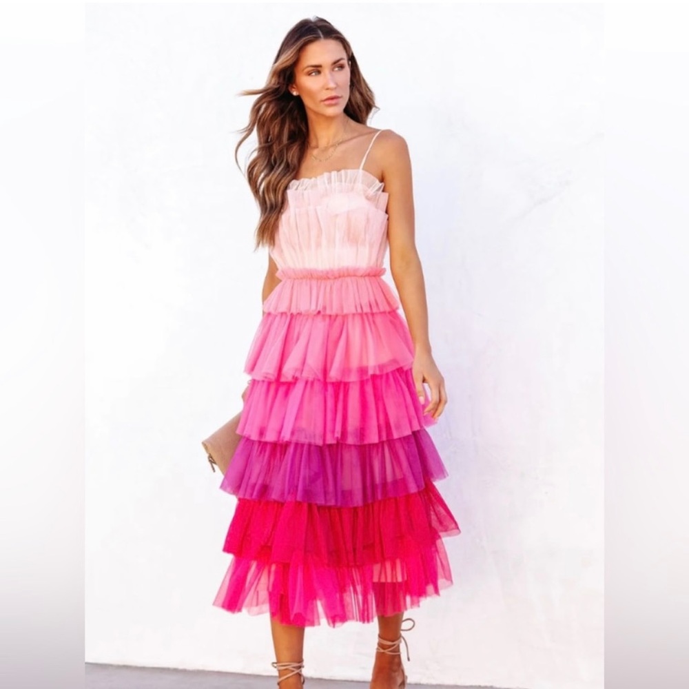 New! Never worn! BRADSHAW MONOCHROMATIC TULLE TIERED MIDI DRESS - PINK MULTI XL